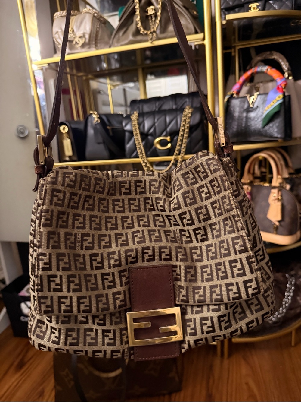 Fendi Mama Brown FF Zucchino Shoulder Bag with Gold-Tone Hardware